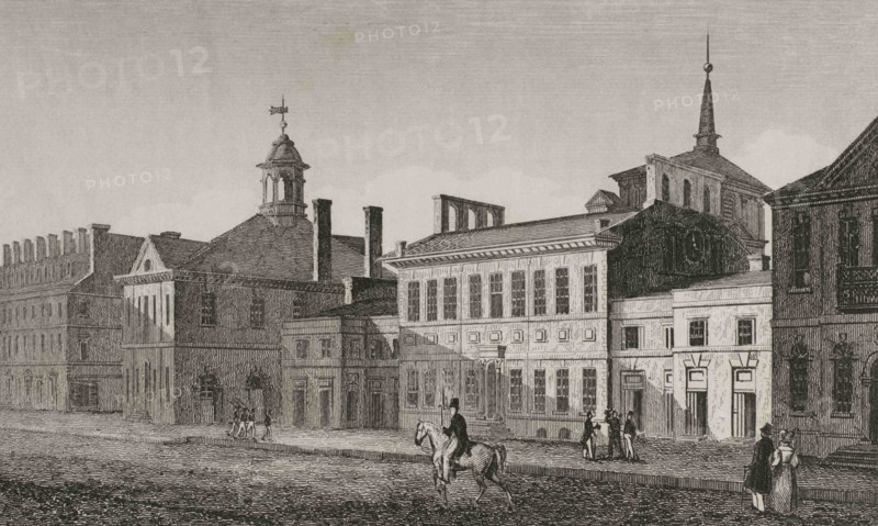 Philadelphia. City Hall building. Engraving by Traversier. Panorama Universal. History of the United States of America, from 1st edition of Jean B.G. Roux de Rochelle's Etats-Unis d'Amérique in 1837. Spanish edition, printed in Barcelona, 1850.