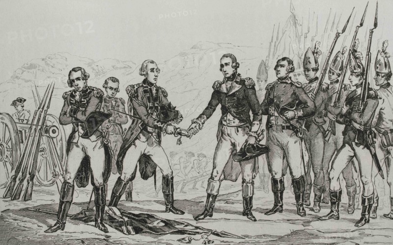 American Revolution. British General John Burgoyne's surrender after the Battlle of Saratoga on 17 October 1777. Engraving by Vernier. Panorama Universal. History of the United States of America, from 1st edition of Jean B.G. Roux de Rochelle's Etats-Unis d'Amérique in 1837. Spanish edition, printed in Barcelona, 1850.