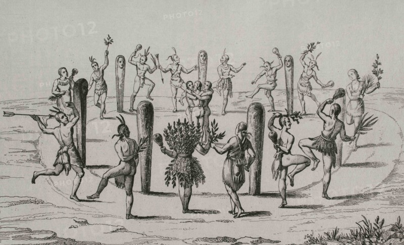 16th century. Native American dance. Virginia. Men and women dancing around "Three of the fayrest Virgins" at center. Engraving by Vernier, inspired by a 16th century illustration by Theodor de Bry (1528-1498). Panorama Universal. History of the United States of America, from 1st edition of Jean B.G. Roux de Rochelle's Etats-Unis d'Amérique in 1837. Spanish edition, printed in Barcelona, 1850.