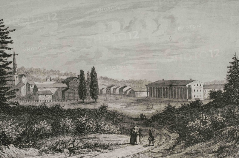 United States. View of Saratoga city. Engraving by Milbert. Panorama Universal. History of the United States of America, from 1st edition of Jean B.G. Roux de Rochelle's Etats-Unis d'Amérique in 1837. Spanish edition, printed in Barcelona, 1850.