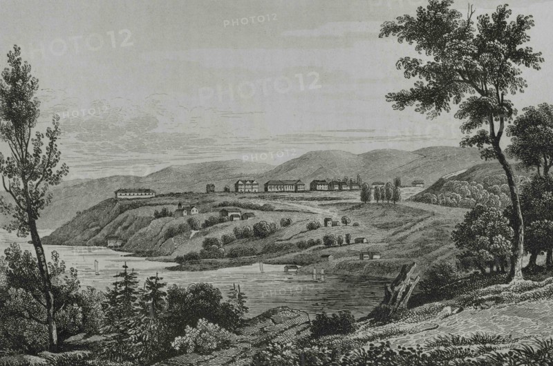 View of West Point. The United States Military West Point. Washington selected Thaddeus Kosciuszko, one of the heroes of Saratoga, to design the fortifications for West Point in 1778. President Thomas Jefferson established the United States Military Academy in 1802, by the Hudson River, north of New York. Engraving by Milbert. Panorama Universal. History of the United States of America, from 1st edition of Jean B.G. Roux de Rochelle's Etats-Unis d'Amérique in 1837. Spanish edition, printed in Barcelona, 1850.