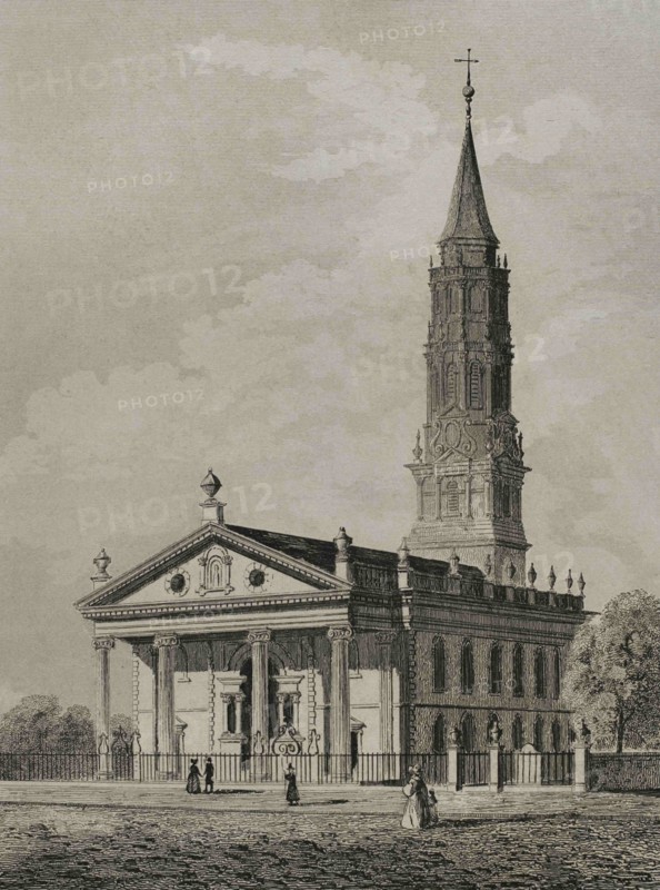 New York. St. Paul's Chapel in Manhattan. Built in 1763. Engraving by Arnout. Panorama Universal. History of the United States of America, from 1st edition of Jean B.G. Roux de Rochelle's Etats-Unis d'Amérique in 1837. Spanish edition, printed in Barcelona, 1850.