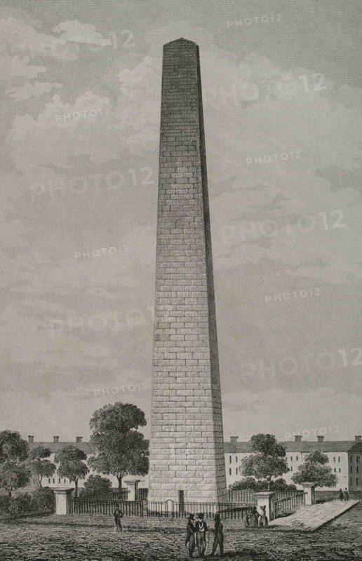United States, Boston. The Monument at Bunker Hill. It consists of an obelisk built between 1827 and 1843 to commemorate the Battle of Bunker Hill, during the American War of Independence, between British troops and American Patriots on June 17, 1775. Engraving by Arnout. Panorama Universal. History of the United States of America, from 1st edition of Jean B.G. Roux de Rochelle's Etats-Unis d'Amérique in 1837. Spanish edition, printed in Barcelona, 1850.