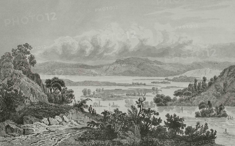 United States. Mississippi flood. Engraving by Danvin. Panorama Universal. History of the United States of America, from 1st edition of Jean B.G. Roux de Rochelle's Etats-Unis d'Amérique in 1837. Spanish edition, printed in Barcelona, 1850.