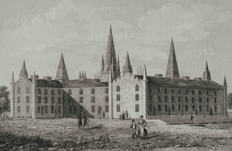 United States, Ohio, Gambier. Old Kenyon at Kenyon College. It was founded by Bishop Philander Chase in 1824. Old Kenyon, the oldest building on campus (1827-1836), designed by Reverend Norman Nash and Bishop Chase. Considered as the earliest example of Collegiate Gothic in the United States. Campus of Kenyon. Engraving by Traversier. Panorama Universal. History of the United States of America, from 1st edition of Jean B.G. Roux de Rochelle's Etats-Unis d'Amérique in 1837. Spanish edition, printed in Barcelona, 1850.