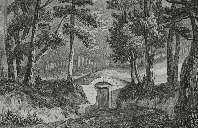 United States of America. George Washington's tomb. Mount Vernon, Virginia. Engraving by Danvin. Panorama Universal. History of the United States of America, from 1st edition of Jean B.G. Roux de Rochelle's Etats-Unis d'Amérique in 1837. Spanish edition, printed in Barcelona, 1850.