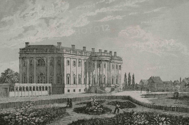 United States, Washington D.C. The White House. Designed by James Hoban (1758-1831), in Neoclassical style, its construction took place between 1792 and 1800. It has been the residence of every U.S, president since John Adams in 1800. Engraving by Arnout. Panorama Universal. History of the United States of America, from 1st edition of Jean B.G. Roux de Rochelle's Etats-Unis d'Amérique in 1837. Spanish edition, printed in Barcelona, 1850.