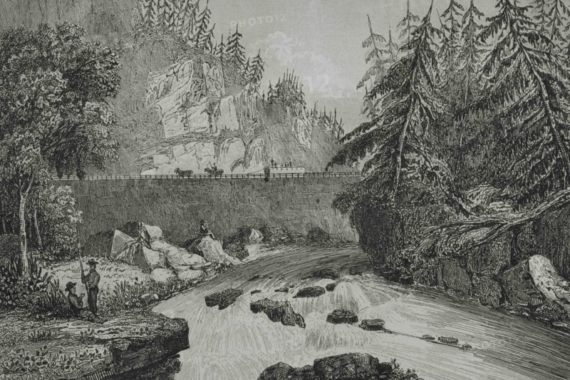 United States, New York State. Little Falls. Mohawk River valley rapids and rocks. A canal was constructed around the rapids about 1795. Engraving by Milbert. Panorama Universal. History of the United States of America, from 1st edition of Jean B.G. Roux de Rochelle's Etats-Unis d'Amérique in 1837. Spanish edition, printed in Barcelona, 1850.