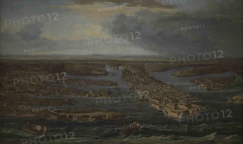 Attributed to Giuseppe Caloriti (1681-ca.1740). Italian painter. View of Valletta and the Three Cities, ca.1733. Depiction of an extensive panoramic elevated view of the newly built capital city of Valletta and its two harbours. National Museum of Fine Arts. Valletta. Malta.