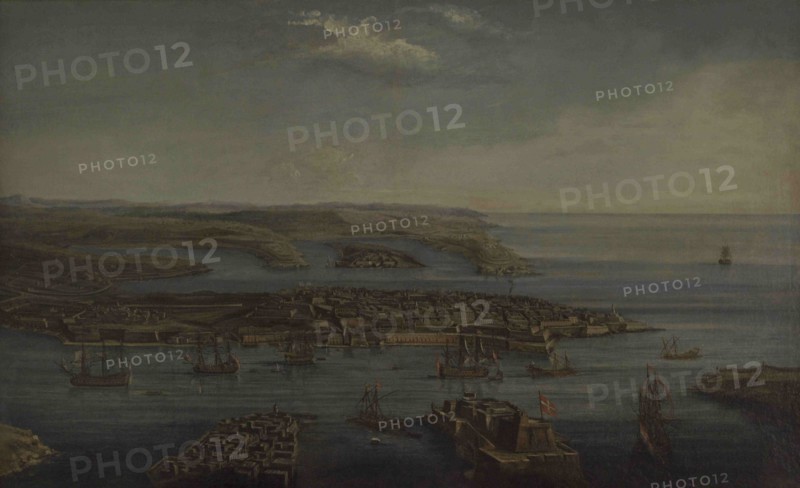 Attributed to Giuseppe Caloriti (1681-ca.1740). Italian painter. View of Valletta, the Grand and Marsamxett Harbours, ca.1733. Depiction of the extensive panoramic view of Valletta and its two harbours. At the foreplane are the three cities with Senglea, Fort Saint Angelo and Fort Ricasoli. In the middle distance are Valletta and Floriana, and at the furthest distance, Marsamexetto Harbour, Manoel island with Fort Manoel and Sliema. National Museum of Fine Arts. Valletta. Malta.