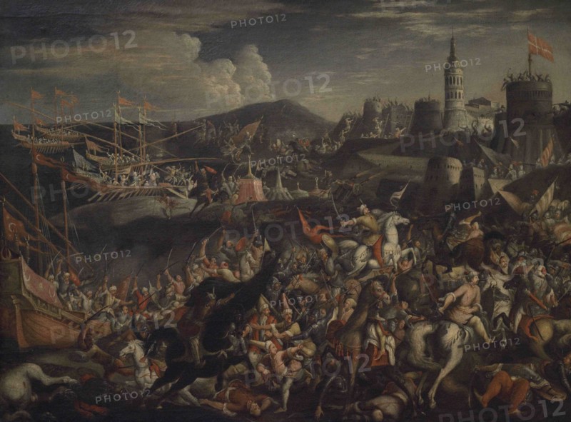 A Mediterranean city besieged by the Ottomans. Unknown artist. Oil on canvas. National Museum of Fine Arts. Valletta. Malta.