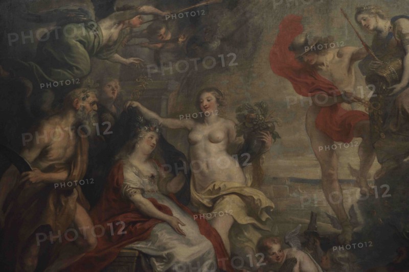 Theodoor van Thulden (1606-1669). Flemish painter. Allegory of the Dutch city of Antwerp. The richly dressed female allegorical figure, seated on a throne depicts the city of Antwerp, flanked by an old man to her left representing time. Oil on canvas. Detail. National Museum of Fine Arts. Valletta. Malta.