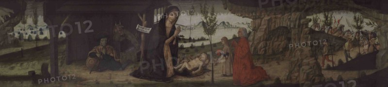 Master Alberto (ca.1450). The Nativity with other scenes. It depicts  three scenes related to the birth of Christ.Tempera on wood. National Museum of Fine Arts. Valletta. Malta.
