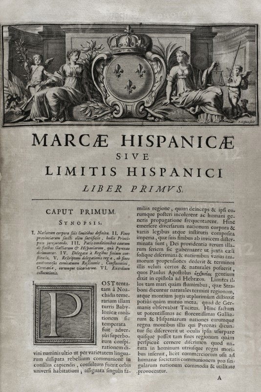 Marca Hispanica sive limitis hispanici. First Book. "Marca Hispanica sive limes hispanicus". Book written in Latin by Pierre de Marca (1594-1662). In 1656 he was commissioned to formalise the border treaty between the kingdoms of France and Spain, a task that was reflected in this collection of five books, making the French people aware of the annexed province of Catalonia in 1641. Etienne Baluze enlarged and edited it. Published in Paris by François Muguet in 1688.
