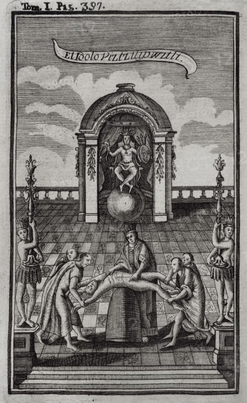 Idol Vitzliputzli (Huitzilopochtli). Mexican idol. Engraving. "Historia de la Conquista de México, población, y progresos de la América septentrional, conocida por el nombre de Nueva España" (History of the Conquest of Mexico, population, and progress of northern America, known by the name of New Spain). Written by Antonio de Solís y Rivadeneryra (1610-1686), Chronicler of the Indies. Volume I. Edition published in Barcelona and divided into two volumes, 1771. King's printer: Thomas Piferrer.