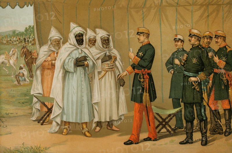 Hispano-Moroccan War (1859-1860). General O'Donnell (1809-1867) imposed the peace treaty on Muley el-Abbas, brother of the Sultan of Morocco, to end the war. Chromolithography. "Historia General de España" (General History of Spain), by Miguel Moryata. Volume VIII. Madrid, 1894.