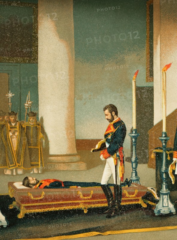 King Amadeo I of Spain (1845-1890) visiting the corpse of General Prim (1814-1870). Scene of the monarch at the Basilica of Atocha (Madrid) paying last respects to Prim, on 2 January 1871, who was assassinated in an attack on 27 December 1870. Copy of the painting by Antonio Gisbert. Detail. Chromolithography. "Historia General de España" (General History of Spain), by Miguel Morayta. Volume VIII. Madrid, 1894.