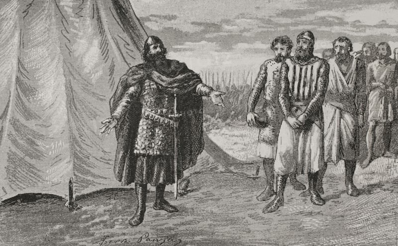 Iberian Peninsula. Rodrigo Diaz de Vivar, El Cid, (ca. 1048-1099) and the Count of Barcelona, Berenguer Ramon II (ca. 1053-1097), were in conflict because of the Count's involvement in Taifa disputes. El Cid took Berenguer Ramon II prisoner on two occasions. Count Berenguer Ramon II before El Cid. Engraving by Serra Pausas. ""Glorias Espanolas"" (Glories of Spain). Volume II. Published in Barcelona, 1890.