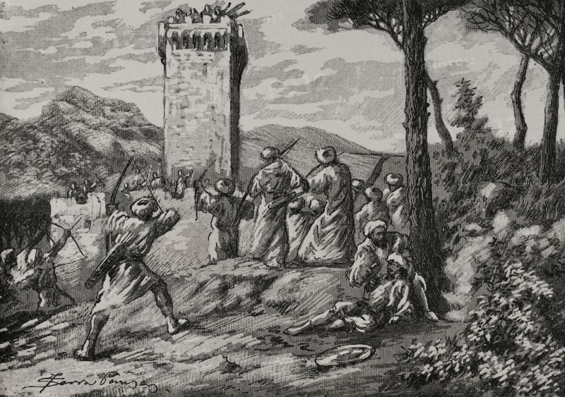 Umar ibn Hafsun (c. 846-918). Andalusi rebel against the Emirate of Cordoba. He led a revolt against the emirate that lasted from 878 to 916, when he surrendered to Abd al-Rahman III. Umar ibn Hafsun at the castle of Ronda (province of Malaga, Andalusia, Spain). Engraving by Serra Pausas. ""Glorias Espanolas"" (Glories of Spain). Volume II. Published in Barcelona, 1890.