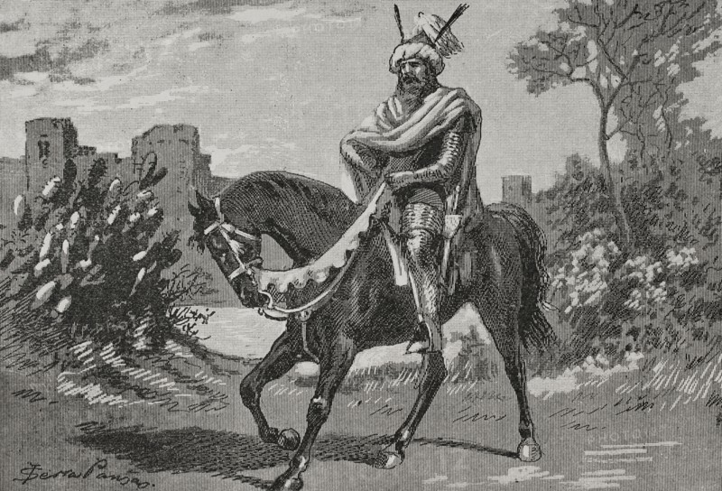 Abu Amir al-Mansur (ca. 939-1002). Muslim Arab Andalusi military leader and statesman. Ruler of the Umayyad Caliphate of Cordoba (978-1002). Equestrian portrait. Engraving by Serra Pausas. ""Glorias Espanolas"" (Glories of Spain). Volume II. Published in Barcelona, 1890.