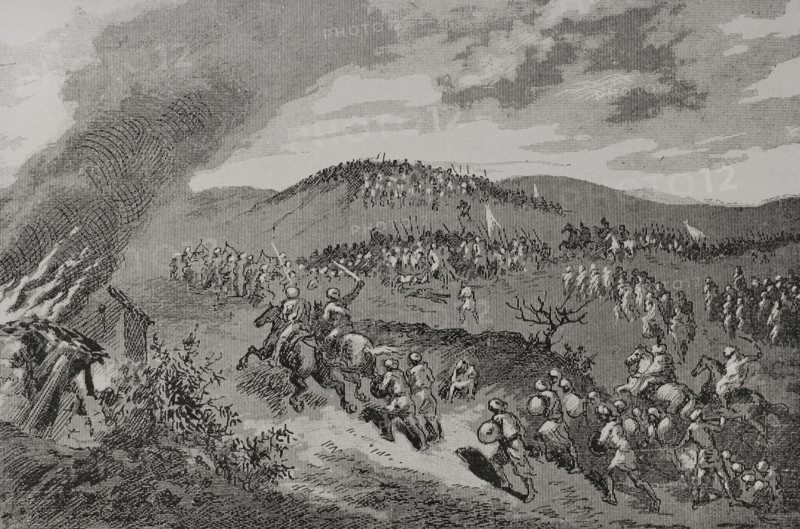 Iberian peninsula. Battle of Calatanazor (July 1002). Legendary confrontation between the Muslim army of the Umayyad Caliphate of Cordoba, led by Abu Amir al-Mansur, and the Christian coalition of Castile (Count Sancho Garcia), Leon (Alfonso V) and Navarre (Sancho Garces III of Pamplona). Abu Amir al-Mansur was defeated. Engraving. ""Glorias Espanolas"" (Glories of Spain). Volume II. Published in Barcelona, 1890.
