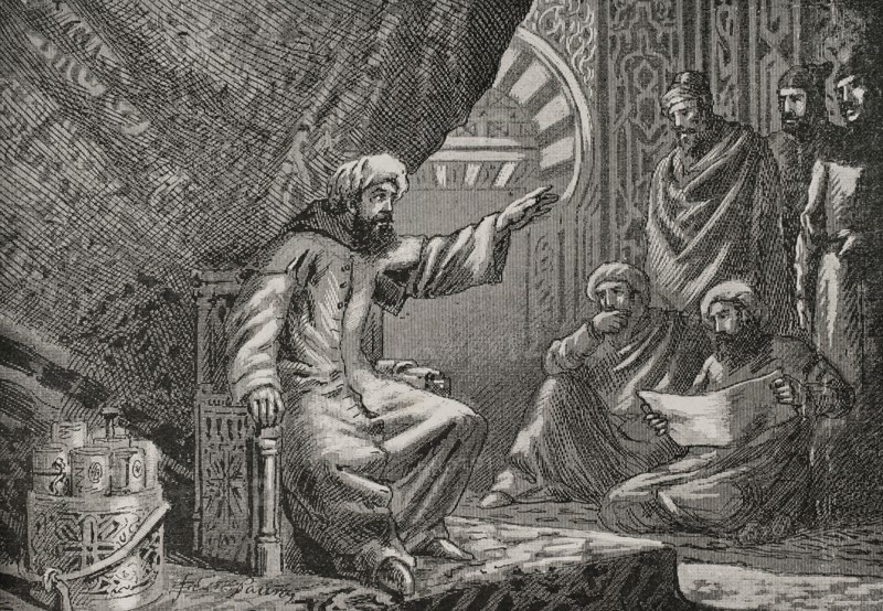Averroes (Abu al-Walid Muhammad ibn Ahmad ibn Rushd) (1126-1198). Muslim Andalusi philosopher and physician, teacher of Islamic law and philosophy. Engraving by Serra Pausas. ""Glorias Espanolas"" (Glories of Spain). Volume II. Published in Barcelona, 1890.