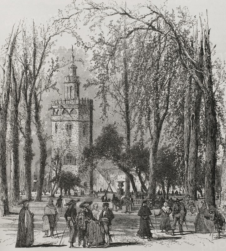 Seville, Andalusia, Spain. Torre del Oro (""Tower of Gold""). Engraving by Harley. ""Glorias Espanolas"" (Glories of Spain). Volume II. Published in Barcelona, 1890.