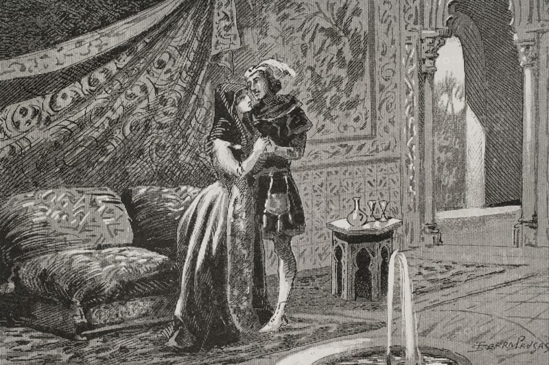 Alfonso XI of Castile (1311-1350), so-called ""the Avenger"". King of Castile and Leon (1312-1350). Alfonso XI and his mistress, Eleanor de Guzman (Leonor de Guzman) (1310-1351), a Castilian noblewoman with whom he had several sons, one of whom was Henry II of Castile (1334-1379). Engraving by Serra Pausas. ""Glorias Espanolas"" (Glories of Spain). Volume II. Published in Barcelona, 1890.