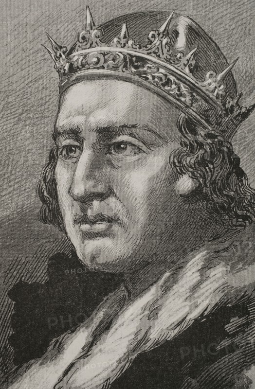 Alfonso XI of Castile (1311-1350), so-called ""the Avenger"". King of Castile and Leon (1312-1350). Portrait. Engraving. ""Glorias Espanolas"" (Glories of Spain). Volume II. Published in Barcelona, 1890.