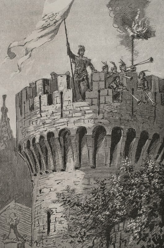 Alvaro Perez Osorio (1358-1406). Lord of Villalobos and Castroverde. Duke of Lancaster's expedition to Castile. The troops of John of Gaunt (1340-1399), duke of Lancaster, pretender to the crown of Castile, invaded the lands he considered his own. Siege of Benavente, 1383. Governor Alvaro Perez Osorio made himself strong in Benavente, resisting the invader without surrendering. Alvaro Perez Osorio at the siege of Benavente. Engraving by Serra Pausas. ""Glorias Espanolas"" (Glories of Spain). Volume II. Published in Barcelona, 1890.