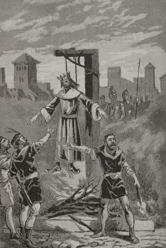 Reign of Henry IV of Castile (1454-1474). Farce of Avila. On 5 June 1465, a group of Castilian noblemen deposed King Henry IV in effigy, proclaiming in his place the Prince Alfonso (Alfonso de Trastamara). Engraving by Serra Pausas. ""Glorias Espanolas"" (Glories of Spain). Volume II. Published in Barcelona, 1890.