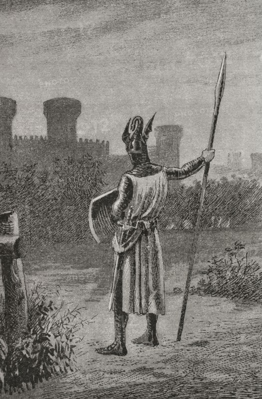 James I the Conqueror (1208-1276). Count of Barcelona and King of Aragon (1213-1276), Valencia (1239-1276) and Majorca (1229-1276). Conquest of Valencia. James I before the walls of Valencia. On 9 October 1238, the troops of the King of Aragon entered the city of Valencia. Engraving. ""Glorias Espanolas"" (Glories of Spain). Volume II. Published in Barcelona, 1890.