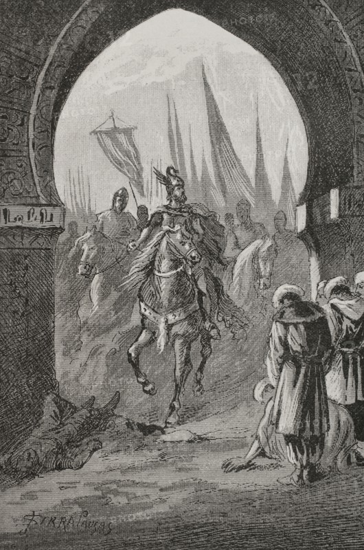 James I the Conqueror (1208-1276). Count of Barcelona and King of Aragon (1213-1276), Valencia (1239-1276) and Majorca (1229-1276). Conquest of Valencia. On 9 October 1238, James I entered the city of Valencia. Engraving by Serra Pausas. ""Glorias Espanolas"" (Glories of Spain). Volume II. Published in Barcelona, 1890.