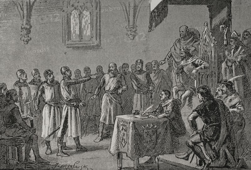 Courts of Lerida (Lleida), 1375. Catalan Courts that were convened in 1375 by King Peter IV the Ceremonious (1319-1387) in Lerida (Lleida). Ended the period of regency of the Generalidad (Generalitat) of Catalonia that had existed since 1367, restoring the office of president of the Generalidad (Generalitat), known as ""resident deputy"", in the person of Romeu Sescomes (d. 1380). Engraving by Serra Pausas. ""Glorias Espanolas"" (Glories of Spain). Volume II. Published in Barcelona, 1890.