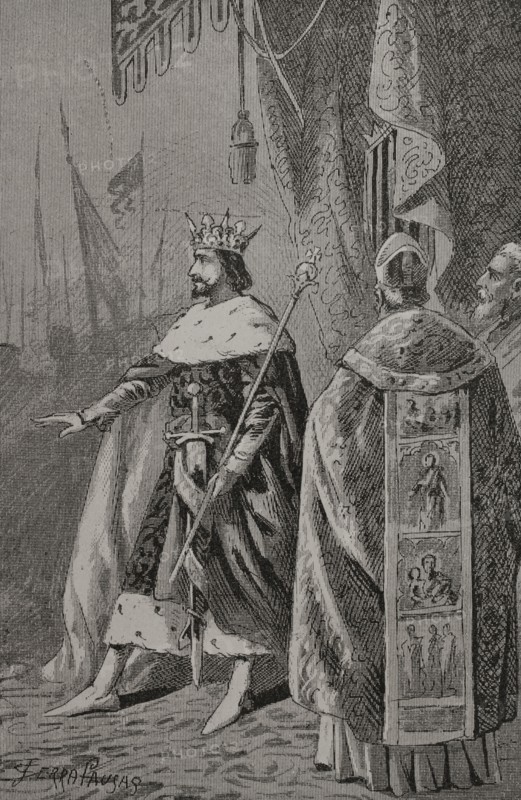 Peter III of Aragon (1240-1285), so-called ""the Great"". King of Aragon, Valencia (as Peter I) and Count of Barcelona (as Peter II). Coronation of Pedro III of Aragon in Saragossa in November 1276. Engraving by Serra Pausas. ""Glorias Espanolas"" (Glories of Spain). Volume II. Published in Barcelona, 1890.