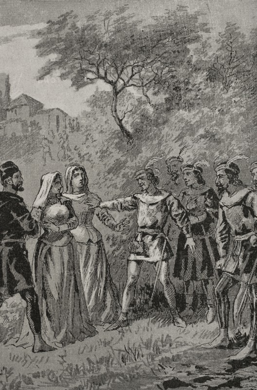 Sicilian Vespers, 1282. Massacre of the French in Sicily. Tradition establishes the origin of the rebellion on 30 March 1282 in the Church of the Holy Spirit in Palermo, where Easter Monday was being celebrated. Many of the city's inhabitants had gathered there the sunset prayer marking the beginning of the night vigil. In the square next to the church, the faithful were waiting for Vespers to begin when a group of drunken Frenchmen, one of them a sergeant, approached a young married woman and began to harass her. Her husband stabbed him in response. The rest of the Frenchmen came to his aid and avenged him, but the more numerous Palermitans surrounded them and killing them all just as the church bells, and those of the whole town, began to ring. Engraving depicting French soldiers outraging a young Sicilian noblewoman. ""Glorias Espanolas"" (Glories of Spain). Volume II. Published in Barcelona, 1890.