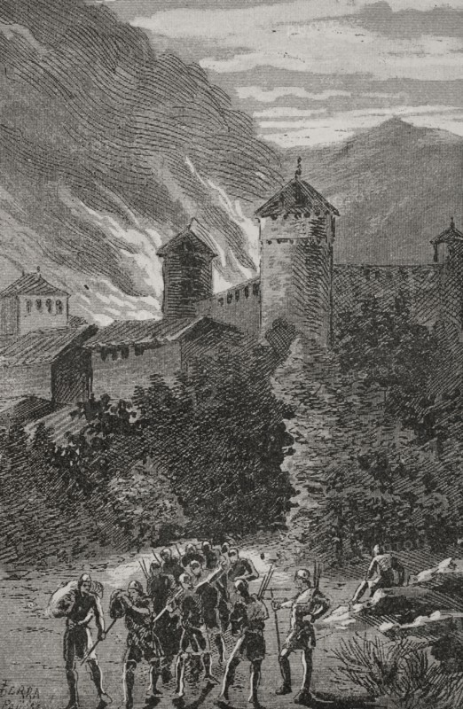 Crusade against Catalonia led by Philip III of France. Fire of Peralada in 1285, during the invasion of the French king Philip the Bold (1245-1285). Due to the shortage of food in the town of Peralada, King Peter III of Aragon, Dalmau de Rocaberti, the Counts of Pallars, Urgell, Cardona and other noblemen met and decided to leave. When the Almogavars departed, they executed Dalmau de Rocaberti's orders for Peralada to be set on fire and destroyed. Fire of Peralada ordered by its own lord, Dalmau de Rocaberti (d. 1304). Engraving by Serra Pausas. ""Glorias Espanolas"" (Glories of Spain). Volume II. Published in Barcelona, 1890.