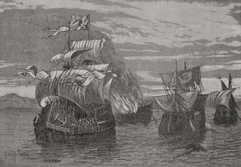 Naval battle of Sant Feliu de Guixols, (Costa Brava, Catalonia). The presence of the French fleet was a constant threat to the port of Barcelona. On the night of 3 and 4 September 1285, Roger de Lauria (1245-1305) took part in a battle in the waters of Sant Feliu de Guixols, defeating the French fleet. Engraving by Serra Pausas. ""Glorias Espanolas"" (Glories of Spain). Volume II. Published in Barcelona, 1890.