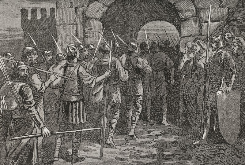Siege of Gerona (Girona) (27 June to 10 September 1285). Acommplished by the French during the Crusade called by Pope Martin IV (1220-1285) against the Crown of Aragon, whose king was Peter III the Great (1240-1285), in retribution of his intervention in Sicily. Girona was defended by Ramon Folch VI of Cardona (1259-1320). As he did not receive reinforcements from King Peter III to break the siege, he had to surrender. The town was taken by Eustache Beaumarchais (ca. 1235-1294). After signing the capitulation, the troops of Ramon Folch VI of Cardona evacuated the city. Engraving. ""Glorias Espanolas"" (Glories of Spain). Volume II. Published in Barcelona, 1890.