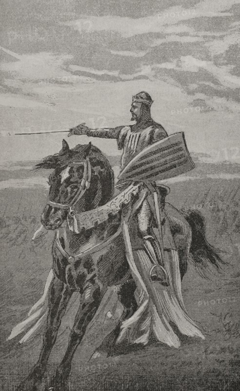 James II of Aragon, so-called ""the Just"" (1267-1327). King of Aragon, Valencia and Count of Barcelona (1291-1327), King of Sicily (1285-1296), King of Majorca (1291-1295) and Sardinia (1324-1327). Equestrian portrait. Engraving. ""Glorias Espanolas"" (Glories of Spain). Volume II. Published in Barcelona, 1890.