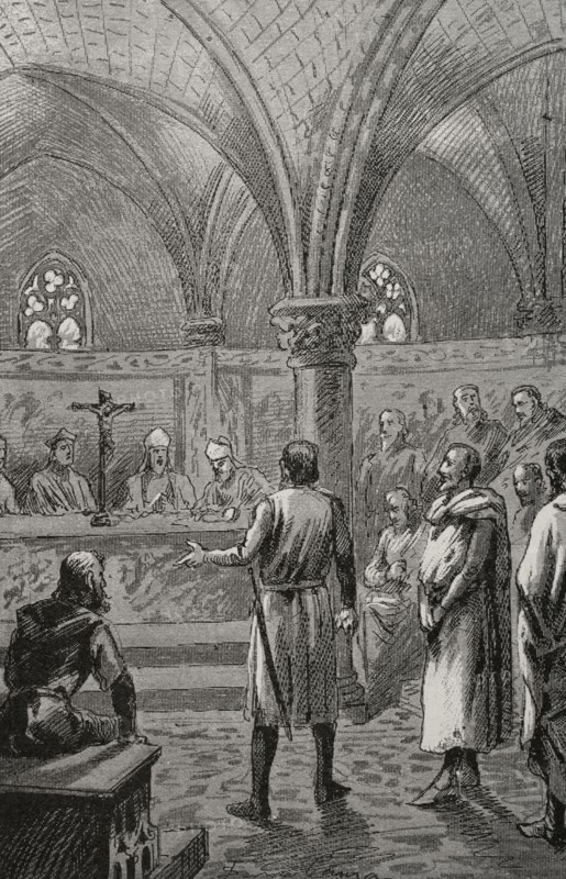 VII Council of Tarragona, 1312. It was presided over by Guillem de Rocaberti, archbishop of Tarragona (1309-1315). Session of the council in which the Knights Templar of the Crown of Aragon were judged. On 7 July 1312 they were declared innocent, and their property became owned by the Knights Hospitaller, with the exception of that of the Temple of Valencia, where the Order of Montesa was created. Engraving. ""Glorias Espanolas"" (Glories of Spain). Volume II. Published in Barcelona, 1890.