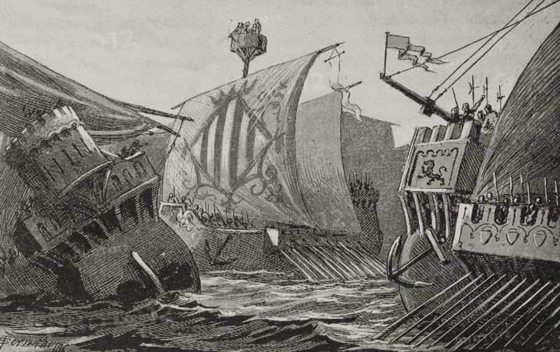 Middle Ages. Mediterranean trade control. Naval combat between Catalans and Genoese. Engraving by Serra Pausas. ""Glorias Espanolas"" (Glories of Spain). Volume II. Published in Barcelona, 1890.