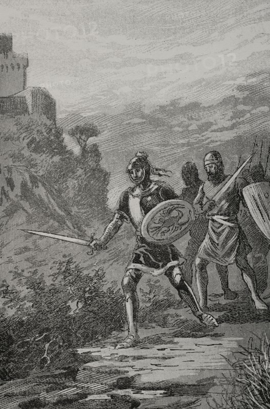 James III of Majorca (1315-1349), known as ""the Rash"" or ""the Unfortunate"". King of Majorca (1324-1343). James III in the Battle of Llucmajor, on 25 October 1349. In this battle he was defeated by the troops of King Peter IV of Aragon, dying in the course of the combat. The Kingdom of Majorca was incorporated into the Crown of Aragon. Engraving. ""Glorias Espanolas"" (Glories of Spain). Volume II. Published in Barcelona, 1890.