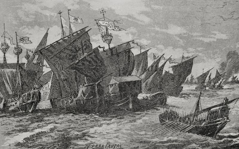 Middle Ages. Commercial control of the Mediterranean. Island of Sardinia. Naval battle in front of Alghero between Catalans, Venetians, Genoese and Sardinians. Engraving by Serra Pausas. ""Glorias Espanolas"" (Glories of Spain). Volume II. Published in Barcelona, 1890.