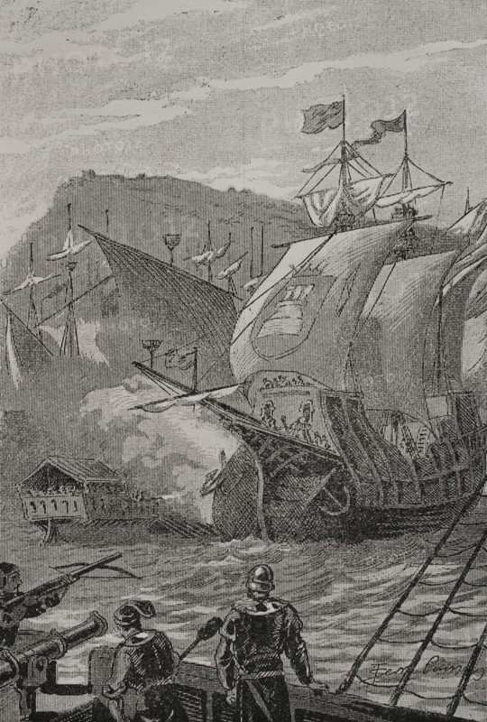 War of the Two Peters (1356-1369). Conflict between King Peter I of Castile (1334-1369) and King Peter IV of Aragon (1319-1387). Battle of Barcelona (1359). The Castilian fleet arrived in Barcelona on 9 June 1359, under the command of Admiral Egidio Boccanegra. The Aragonese fleet succeeded in repulsing an attack that took place and the Castilian fleet fled. The Castilian squadron in the harbour of Barcelona. Engraving by Serra Pausas. ""Glorias Espanolas"" (Glories of Spain). Volume II. Published in Barcelona, 1890.