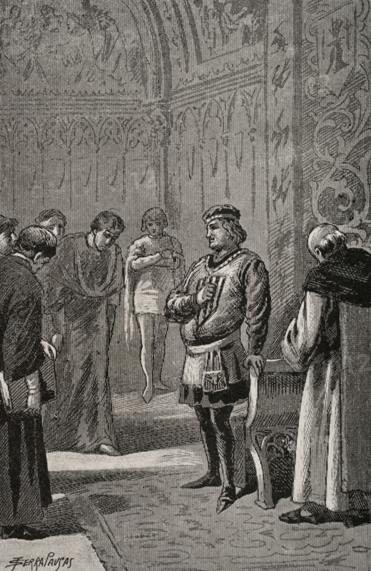 John I of Aragon (1350-1396). King of Aragon, Valencia, Majorca, Sardinia and Count of Barcelona (1387-1396). King John I of Aragon at the Courts of Monzon in 1383. Engraving by Serra Pausas. ""Glorias Espanolas"" (Glories of Spain). Volume II. Published in Barcelona, 1890.