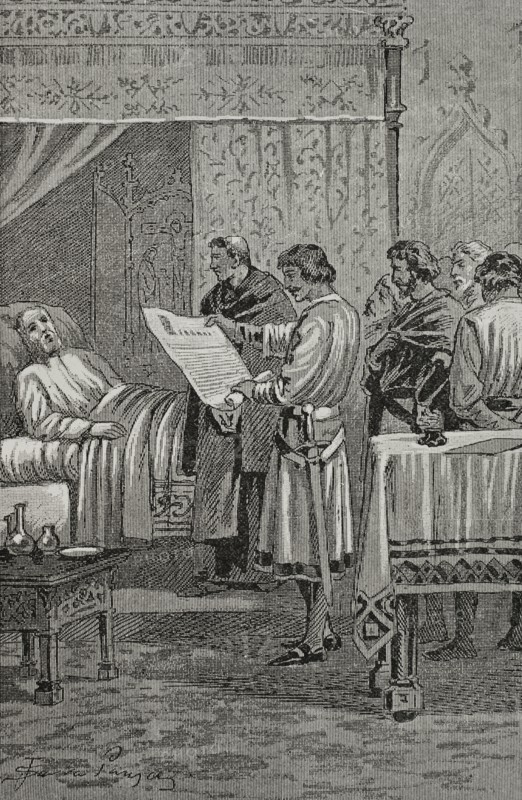 Martin I of Aragon, so-called the Humane (1356-1410). King of Aragon, Valencia, Majorca, Corsica and Sardinia and Count of Barcelona (1396-1410). Martin the Human on his deathbed. Engraving by Serra Pausas. ""Glorias Espanolas"" (Glories of Spain). Volume II. Published in Barcelona, 1890.