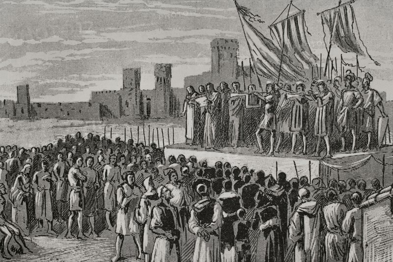 Ferdinand I of Aragon (1380-1416), called Ferdinand of Antequera. King of Aragon (1412-1416). Proclamation of Ferdinand I of Aragon in Caspe. Engraving. ""Glorias Espanolas"" (Glories of Spain). Volume II. Published in Barcelona, 1890.