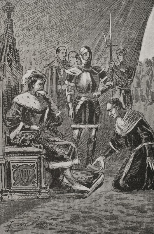 Count of Urgell's revolt (1413-1414). Military insurrection led by James II of Urgel (1380-1433) against King Ferdinand I of Aragon (1380-1416), as a result of the disagreement in the Compromise of Caspe over the election of the successor to the King of Aragon Martin I the Humane. Siege of Balaguer (July-October 1413). James II confined himself to Balaguer, whose troops were led by Ramon Berenguer de Fluvia while awaiting English help. King Ferdinand planned a siege in July 1413, which ended with the count's surrender to the king on 31 October 1413. James before Ferdinand I of Aragon. Engraving by Serra Pausas. ""Glorias Espanolas"" (Glories of Spain). Volume II. Published in Barcelona, 1890.