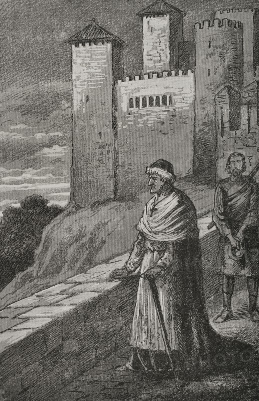 Benedict XIII (Pedro Martinez de Luna) (1328-1423), known as Pope Luna. The last pope of the obedience of Avignon during the Western Schism (1318-1417), he was elected pontiff in 1394. Pope Luna in the castle of Peniscola, where he took refuge in 1411 until his death after being excommunicated by Martin V. Engraving. ""Glorias Espanolas"" (Glories of Spain). Volume II. Published in Barcelona, 1890.